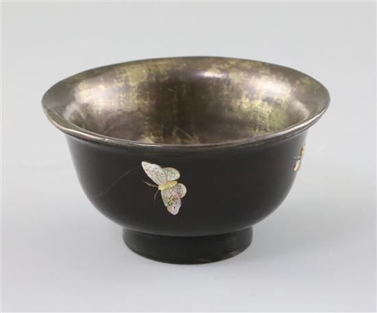 A Chinese lacquer soapstone and mother-of-pearl inlaid cup, Kangxi period, D. 10cm, some restoration